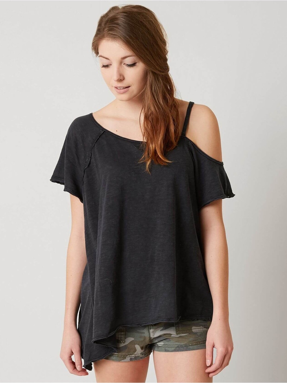 We The Free Washed Black Asymmetric Short Sleeve Top
